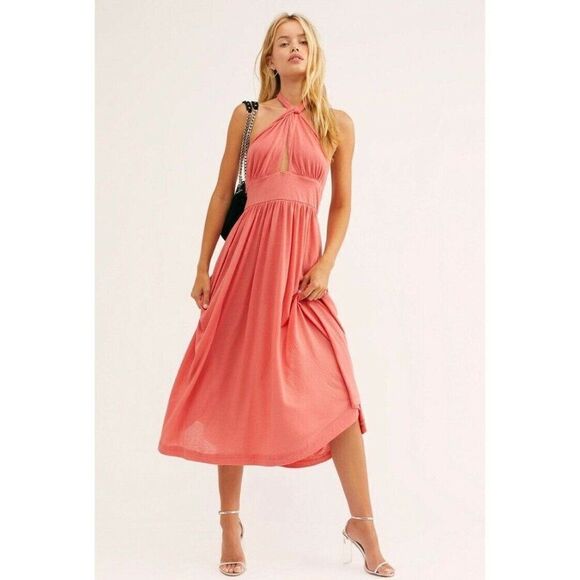 NEW FREE PEOPLE FP BEACH Sz S BONITA TEXTURED HALTER MIDI DRESS PRAIRIE ROSE - Picture 1 of 3